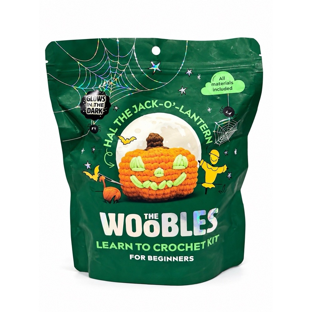 The Woobles Hal Jack O Lantern Crochet Kit Beginner Glow in the Dark Halloween